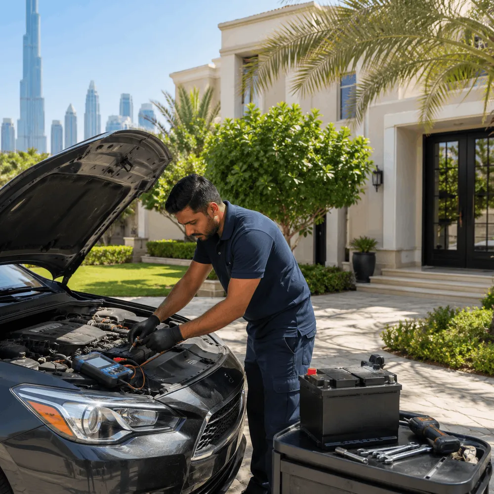 Technician testing a car battery with a digital tester in a driveway