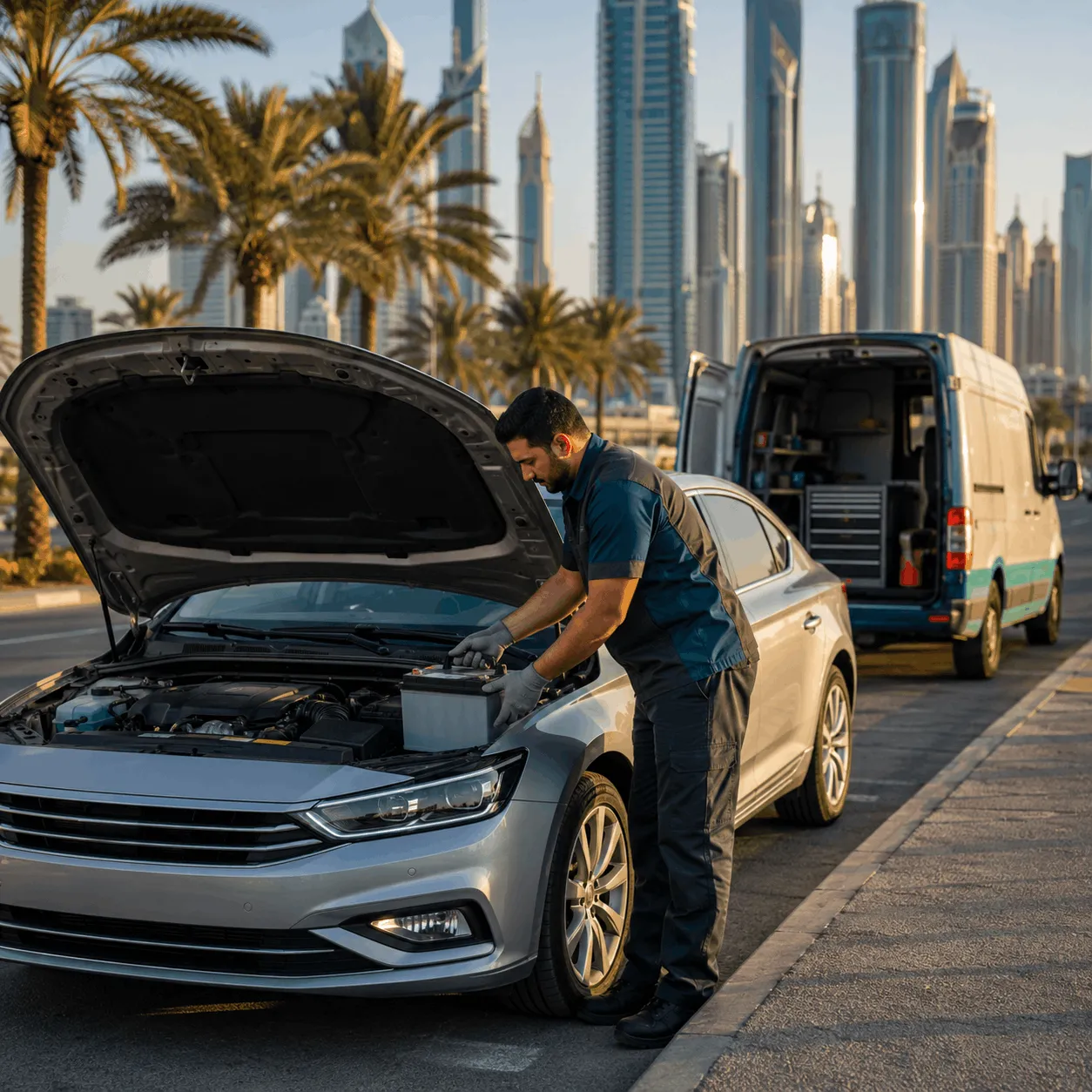 Technician fitting a new car battery at the roadside in Dubai