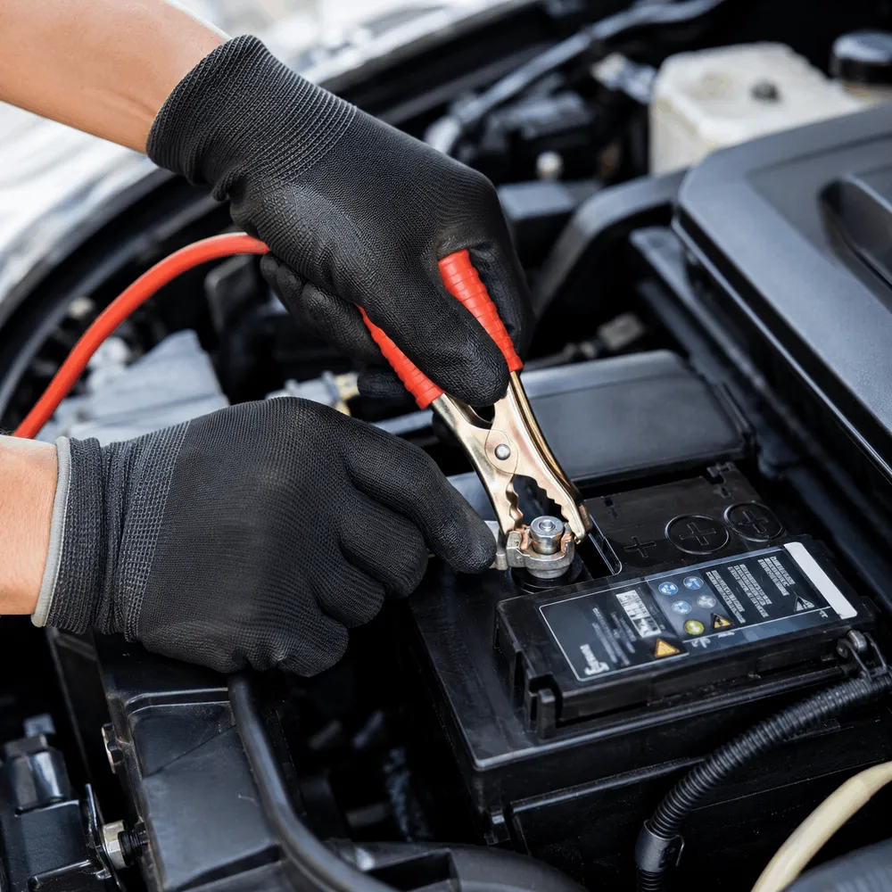 Jump lead clamp being connected to a car battery terminal